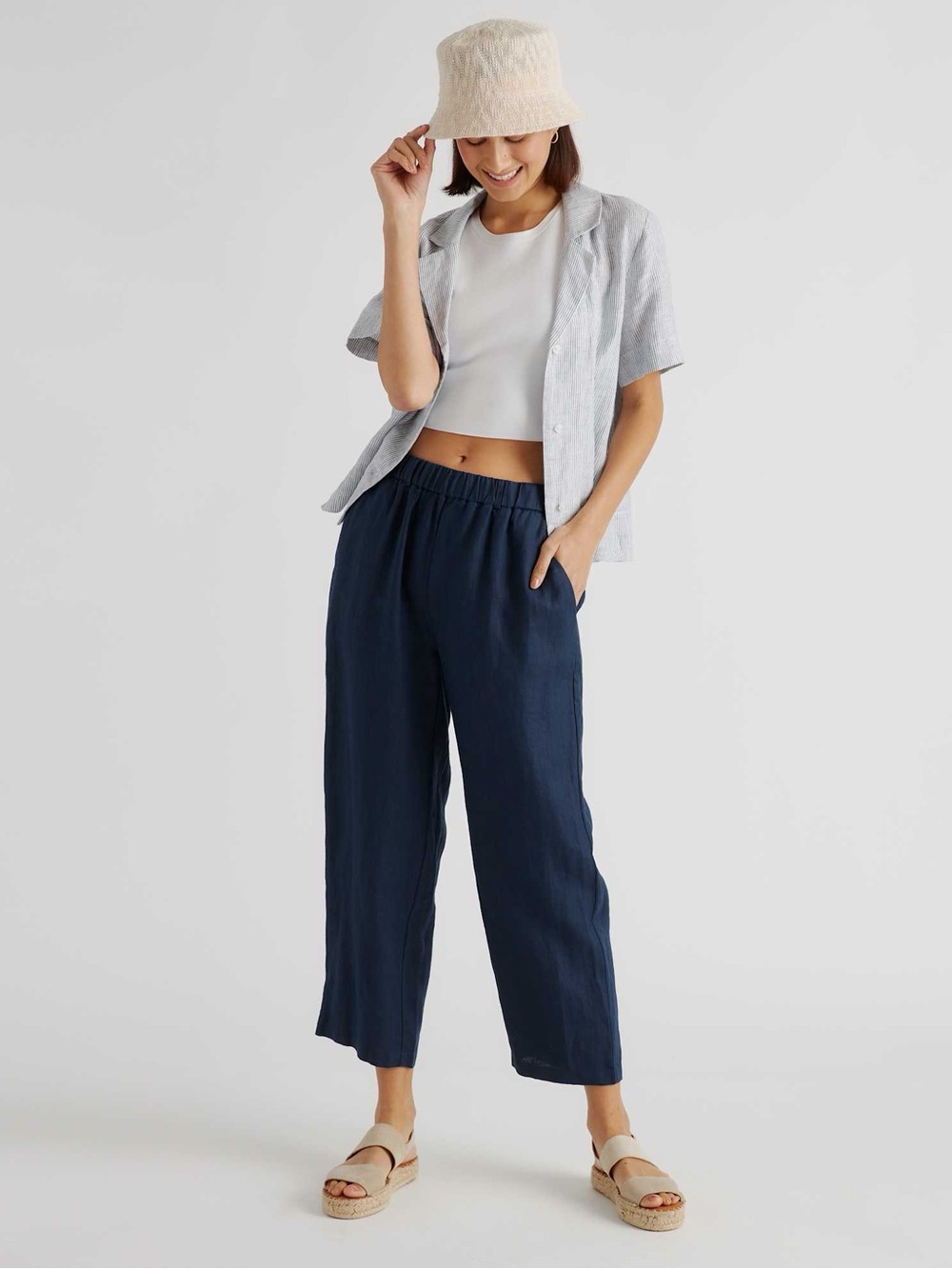 Quince European Linen Pants Deep Navy Pull-On Cropped Wide Leg Women’s S